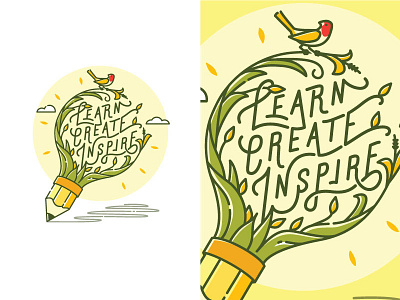 Learn, Create, Inspire bird bulb creative creativity design draw illustration inspire learn letter lettering light lines pencil plant shirt tshirt typography vibrant