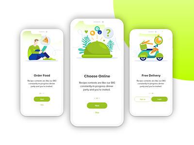 Food Delivery App ( Intro Screens ) color palette food food and drink food app food app design food apps food illustration foodie green intro screens login design signup page