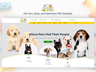 Pepitto - Pet Care, Shop, and Veterinary PSD Template animal animal services cats creative design dog pet responsive shop theme forest vet