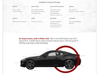 B.FR-S Specs auto car dark landing magazine stats texture typography