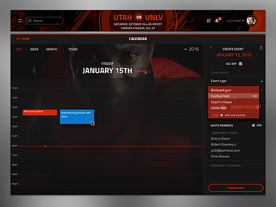 Sports Calendar Day view calendar dark dashboard dates day month reminder scheduling sports ui ux week