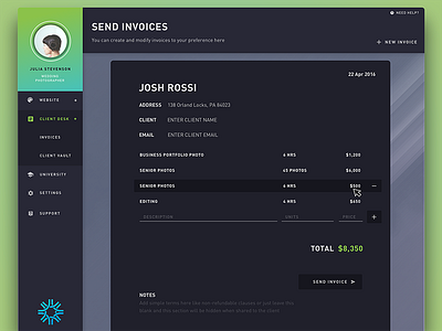 Invoice Builder billing client dashboard ecommerce invoice payments profile support ui ux