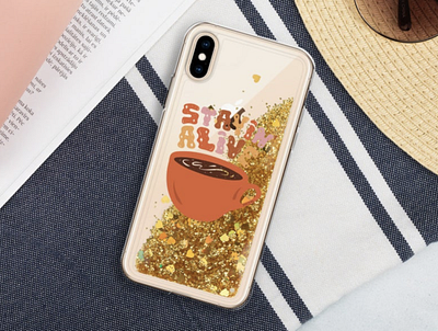 Stayin' Alive Glitter Phone case 70s art coffee coffee cup design drawing etsy glitter gold illustration lettering orange phone phone case phones procreate quote retro typography vintage