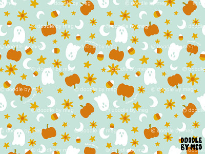 Is It Fall Yet in Blue candy corn design drawing fall ghost halloween halloween design illustration moon pattern pattern design print print design pumpkin pumpkins stars surface pattern surface pattern design witch