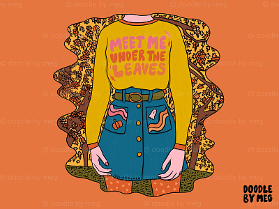 Meet Under the Leaves autumn autumn leaves design drawing fall fall colors fashion fashion illustration halloween illustration lettering procreate pumpkin quote typography vintage