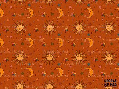 Folk Moon and Star Print in Orange