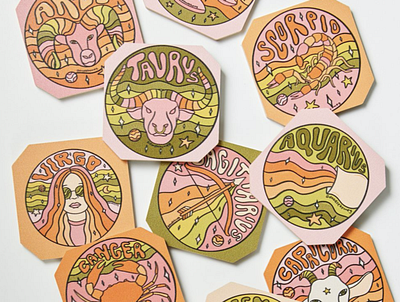 Doodle By Meg for Deny Zodiac Coaster Set astrology capricorn design drawing horoscope illustration leo lettering libra procreate psychedelic quote retro taurus typography vintage virgo zodiac zodiac sign zodiac signs