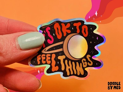 It's Ok to Feel Things Sticker design drawing etsy shop etsyseller feelings holographic illustration lettering mood ring mood rings psychedelic sticker sticker design therapy typography vintage