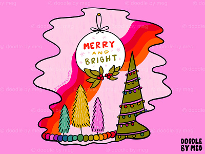 Merry and Bright christmas christmas card christmas party christmas tree design drawing home home decor illustration lettering procreate quote rainbow typography vintage