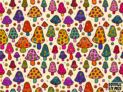 Smiley Mushrooms Print in Cream 60s 70s design illustration mushroom mushrooms pattern print procreate psychedelic rainbow retro smile smiley face surface pattern surface pattern design vintage