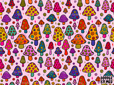 Smiley Mushrooms Print in Pink design drawing illustration mushroom mushrooms pattern print procreate psychedelic rainbow retro smile smiley face surface design surface pattern surface pattern design surface pattern designer vintage