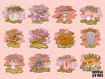 Zodiac Mushroom Collection 70s astrology design drawing horoscope horoscope signs horoscopes illustration lettering mushroom mushrooms procreate psychedelic rainbow retro typography vintage zodiac zodiac sign zodiac signs