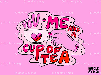 You + Me design drawing hand hearts illustration lettering love procreate rainbow tea tea cup typography valentine valentines day vintage