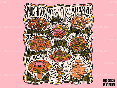 Mushrooms of Oklahoma botanical botanical illustration design drawing forest illustration lettering mushroom mushrooms nature oklahoma procreate psychedelic rainbow typography vintage