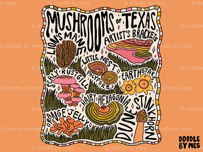 Mushrooms of Texas botanical botanical illustration design drawing forest illustration lettering mushroom mushrooms nature nature art nature illustration procreate rainbow typography vintage