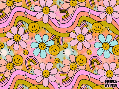Tie Dye Flower Print design drawing flowers illustration procreate psychedelic rainbow smiley face surface pattern surface pattern design surface pattern designer tie dye vintage watercolor