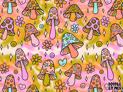 Tie Dye Mushroom Print 60s 70s design drawing hippie illustration mushroom mushrooms pattern print procreate psychedelic rainbow surface pattern surface pattern design vintage