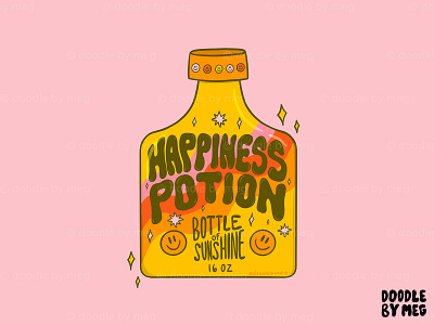 Happiness Potion 60s 70s design drawing happy illustration lettering positive potion procreate psychedelic rainbow smile smiley face sticker sticker design sun sunshine typography vintage