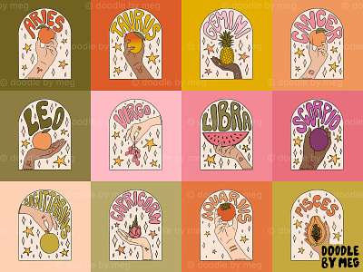 Zodiac Fruit Collection astrology badge badge design design drawing fruit fruit illustration fruit logo hand hands horoscopes illustration lettering procreate typography vintage zodiac zodiac sign zodiac signs