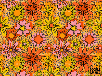 Groovy Flowers in Orange 60s 70s design drawing floral pattern flower illustration flowers illustration pattern pattern design print design procreate psychedelic rainbow retro surface pattern surface pattern design vintage