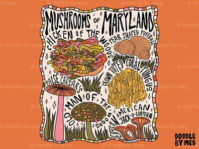 Mushrooms Of Maryland 70s botanical design drawing forest illustration lettering maryland mushroom mushrooms nature nature illustration procreate psychedelic typography vintage