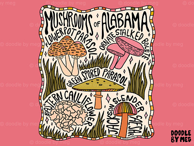 Mushrooms Of Alabama 60s 70s alabama cottage cottagecore design drawing forest illustration lettering mushroom mushrooms nature procreate typography vintage