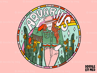 Aquarius Cowgirl 70s astrology cactus cowboy hat cowgirl desert design drawing horoscope illustration landscape lettering procreate rainbow succulent typography vintage western zodiac zodiac sign