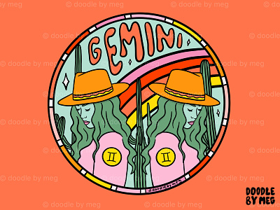 Gemini Cowgirl astrology cactus cowboy hat cowgirl desert desert illustration design drawing gemini horoscope illustration lettering procreate rainbow typography vintage western zodiac zodiac sign