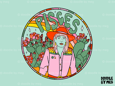 Pisces Cowgirl astrology cactus cactus illustration cowboy hat cowgirl desert design drawing horoscope illustration lettering pisces procreate rainbow typography vintage western zodiac zodiac sign