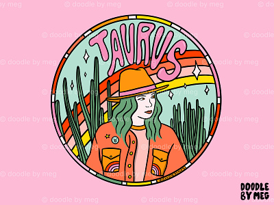 Taurus Cowgirl astrology cactus cowboy hat cowgirl desert design drawing horoscope illustration lettering procreate rainbow taurus typography vintage western zodiac zodiac sign