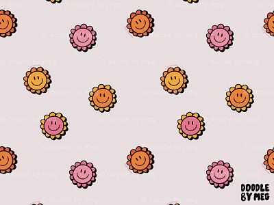 Happy Flower Print in Cream 60s 70s design flowers groovy happy illustration orange pattern pink print procreate smiley face surface pattern surface pattern design vintage yellow