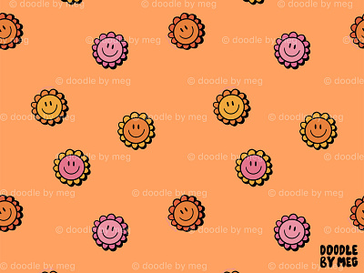 Happy Flowers Print in Orange 60s 70s design floral print flower flowers groovy illustration orange pattern print procreate surface pattern surface pattern design vintage