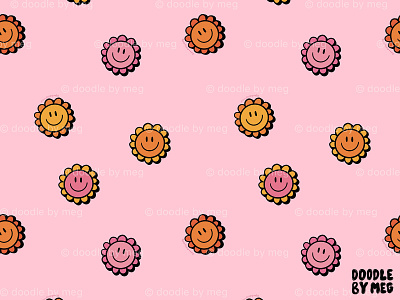 Happy Flowers Print in Pink 60s 70s design drawing flower flowers illustration pattern print procreate smiley face surface pattern surface pattern design vintage