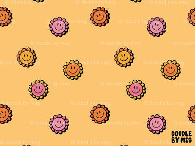 Happy Flowers Print in Yellow design drawing floral print flower flowers groovy illustration pattern print procreate smiley face surface pattern surface pattern design vintage yellow