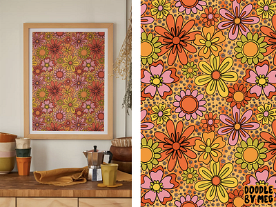 Groovy Flowers at Urban Outfitters 60s 70s art print design drawing floral print flower flowers groovy illustration orange pattern poster print procreate rainbow surface pattern tie dye vintage