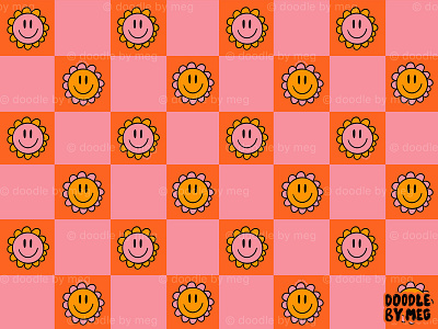Pink Orange Smiley Face Checkerboard Print 60s 70s design drawing floral print flower flowers illustration orange pattern pink print procreate smile smiley face surface pattern surface pattern design vintage