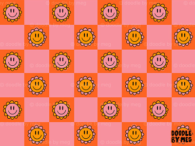 Pink Orange Smiley Face Checkerboard Print