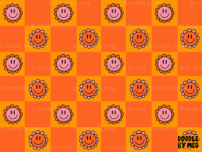 Orange Smiley Face Checkerboard Print checker checkerboard checkered design drawing floral print flower flowers illustration orange pattern print procreate smiley face surface pattern surface pattern design vintage