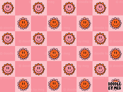 Pink Smiley Face Checkerboard Print 60s 70s checker checkerboard checkered design drawing floral print flower flowers illustration orange pattern pink print procreate smiley face surface pattern surface pattern design vintage