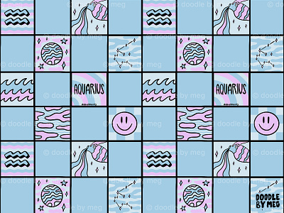 Aquarius Checkered Print aquarius astrology blue checker checkerboard checkered design drawing horoscope illustration lettering pattern print procreate purple space star typography vintage zodiac