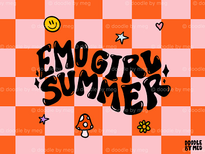 Emo Summer 2000s checker checkerboard checkered design drawing emo illustration lettering mushrooms nostalgia procreate psychedelic smiley face typography vintage wavy