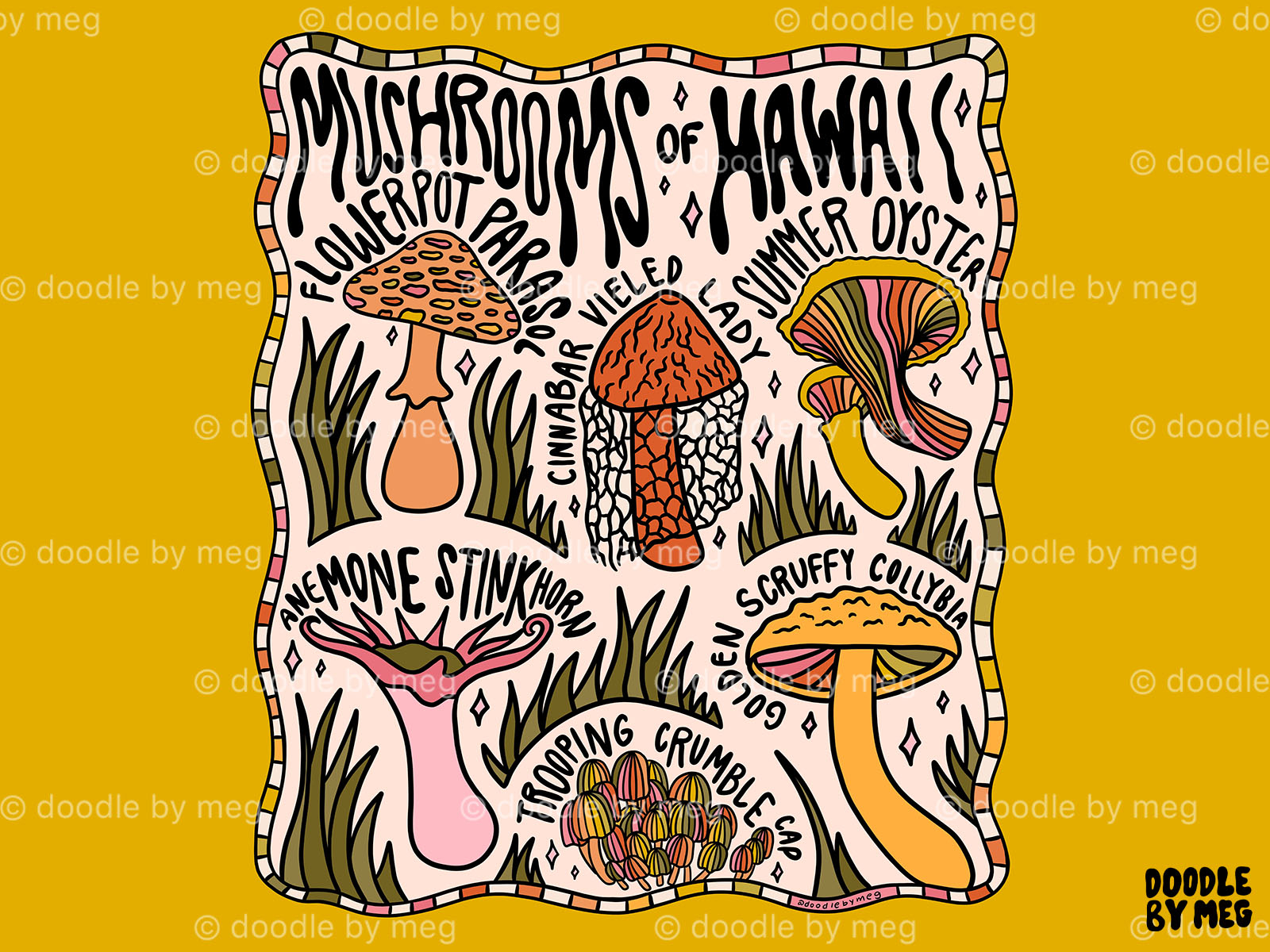 Mushrooms of Hawaii cottage core design drawing forest hawaii illustration lettering mushroom mushrooms nature procreate psychedelic rainbow typography vintage