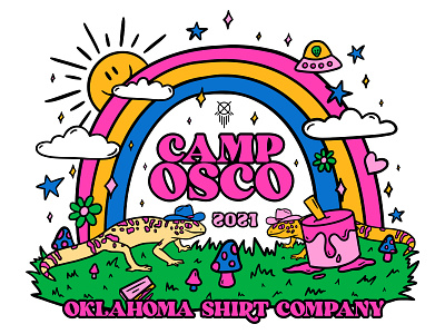 Camp OSCO 2021 60s 70s camp cowboy hat design drawing gecko illustration lettering mushroom procreate psychedelic rainbow summer camp typography vintage