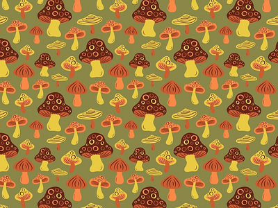 Mushroom Print 60s 70s design drawing green illustration illustrator mushroom mushrooms orange pattern pattern design psychedelic retro vector vintage