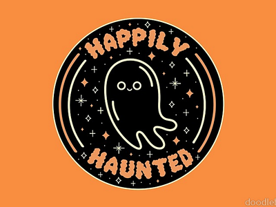 Happily Haunted badge cartoon cute design drawing ghost glow in the dark halloween icon illustration lettering neon sign night orange outline paranormal quote spooky typography vector
