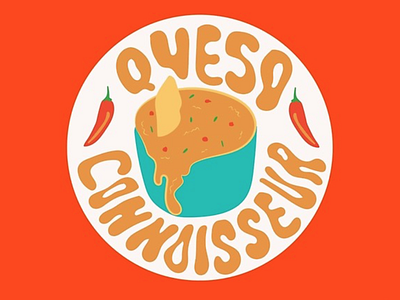 Queso Connoisseur badge branding cheese design drawing food illustration lettering logo mexican mexican food mexico orange peppers queso quote tex mex texas typography vector