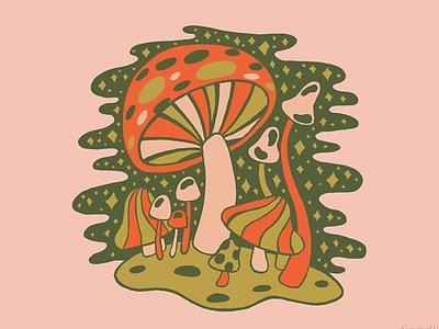 Forest of Mushrooms 60s 70s design drawing folk art forest green illustration mushroom mushrooms nature orange psychedelic retro vintage