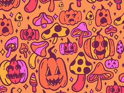 Mushrooms and Pumpkins Print design drawing halloween illustration jack o lantern mushroom mushrooms october orange pattern pattern design pink print print and pattern psychedelic pumpkin pumpkins vector vintage yellow