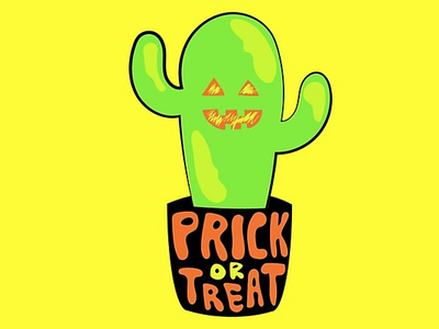 Prick or Treat badge cactus design drawing green halloween house plant illustration jack o lantern lettering orange plant psychedelic quote saguaro spooky succulent trick or treat typography vector