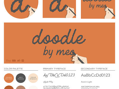 Doodle by Meg Brand Pack banner brand branding color pallette design drawing font illustration layout logo logos orange style guide thumbnail typeface typography vector
